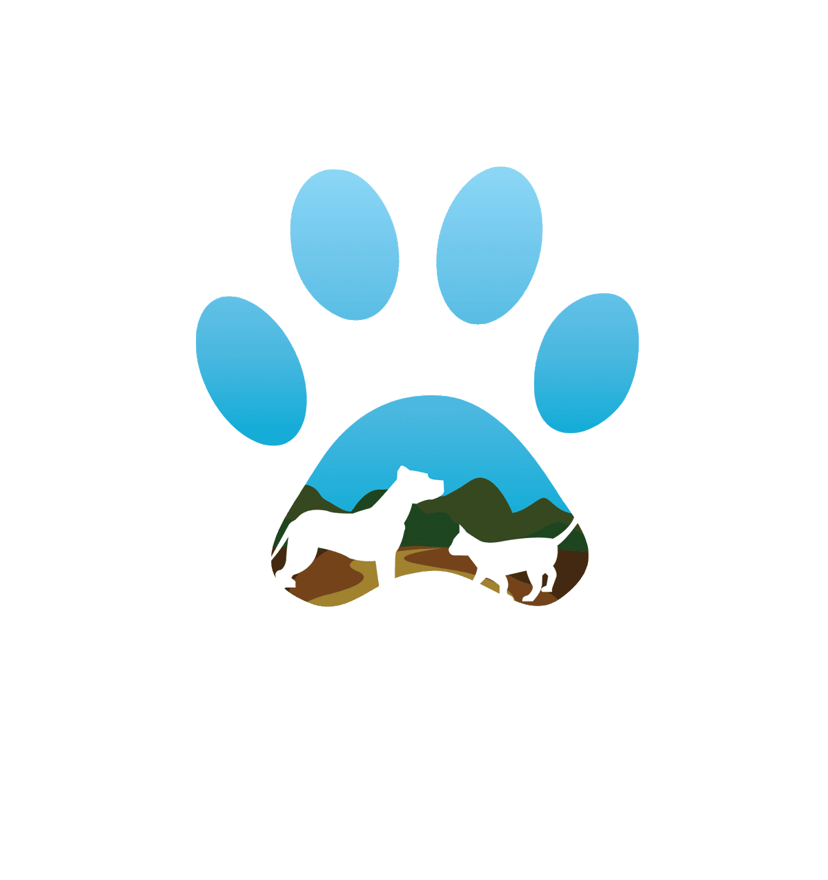 Logo for P.A.W.S. Project featuring a large blue paw print with silhouettes of a dog and cat inside, mountains in the background, and the text โProviding Animal Wellness & Support.