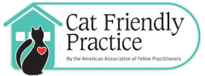 Logo with a teal house, a black cat with a red heart on its side, and the text “Cat Friendly Practice by the American Association of Feline Practitioners.”.