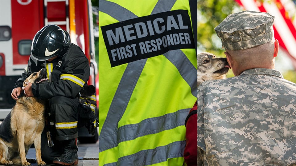A firefighter with a dog, a reflective vest labeled "Medical First Responder," and a person in military uniform with a dog, shown side by side.